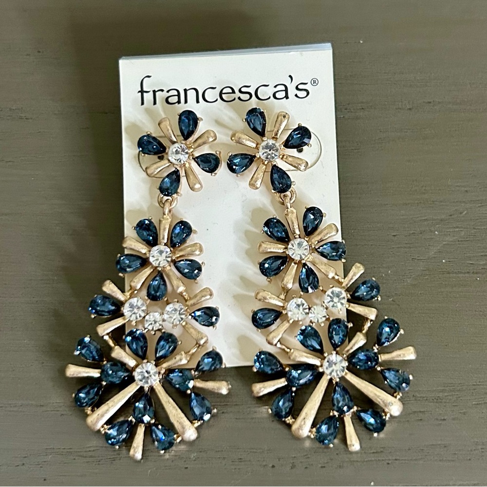 Francesca’s Navy & Gold Statement Earrings – Sparkly Drop Dangle